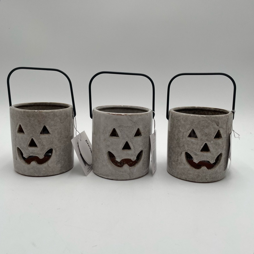 Halloween porcelain Jack O Lantern Votive Tea Light Holders Hanging Greige Gray